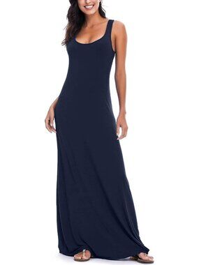 Women's Navy Blue Tank Top Maxi Long Dress Casual Sleeveless Summer Beach Dress